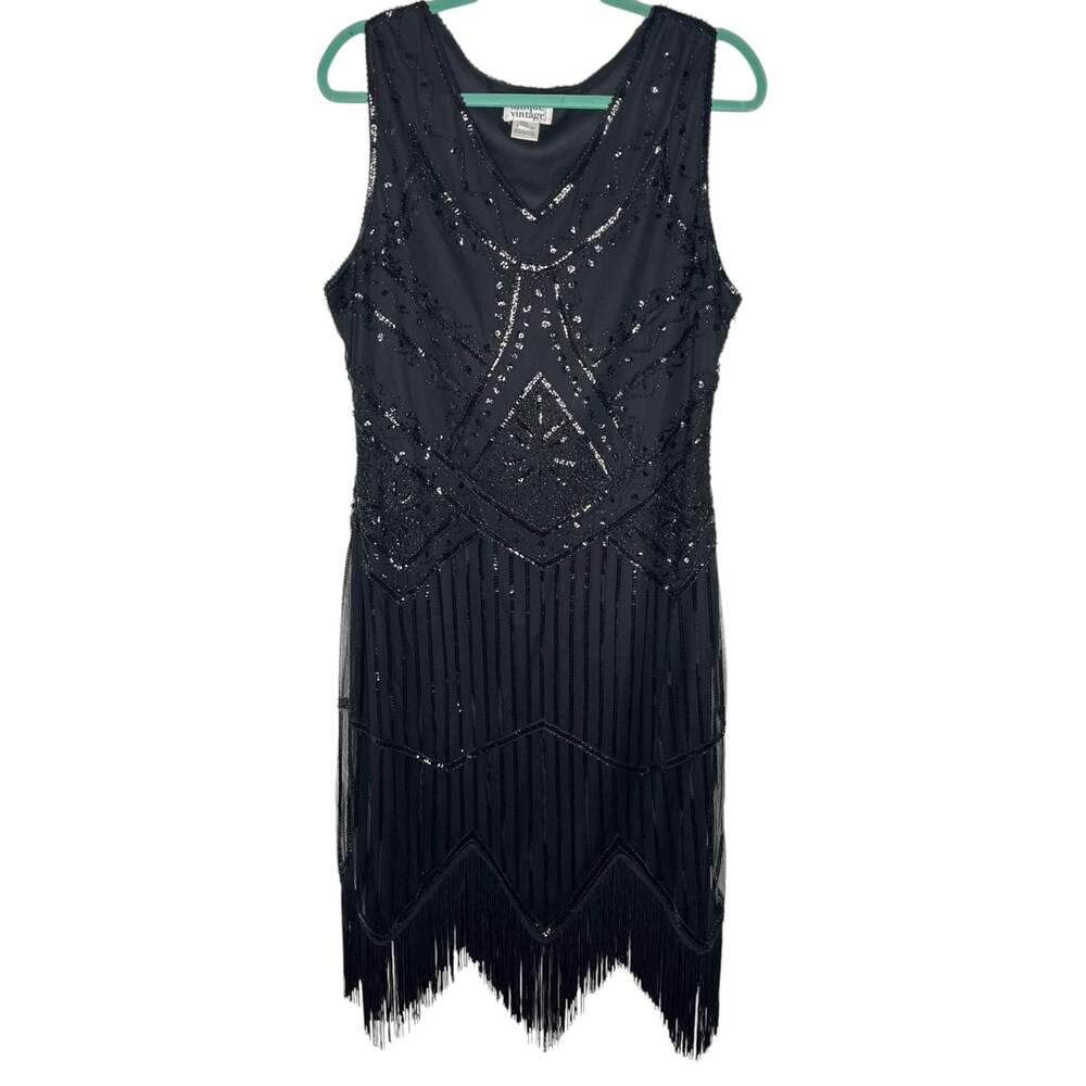 Unique Vintage Womens Dress 2XL Plus Black Sequin Flapper Fringe 1920s Gatsby
